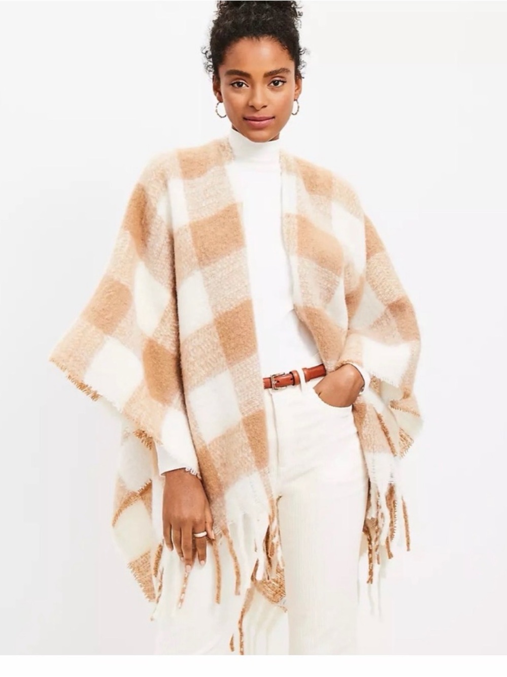 LOFT Beige & White Plaid Fringe Wrap- soft and cozy EUC